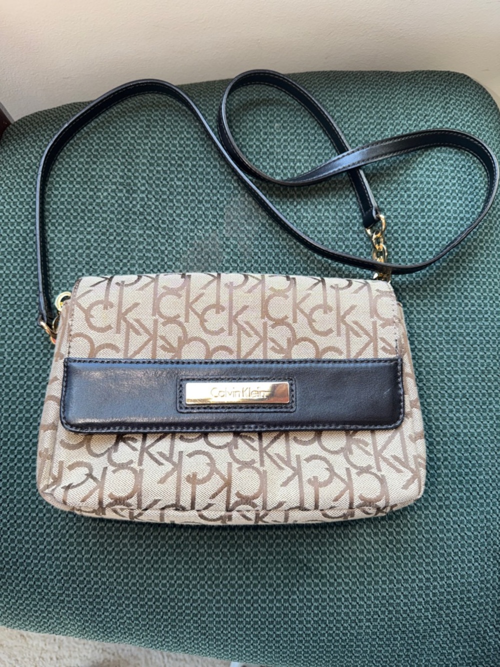 Calvin Klein Beige Monogram Crossbody with Black Leather Trim